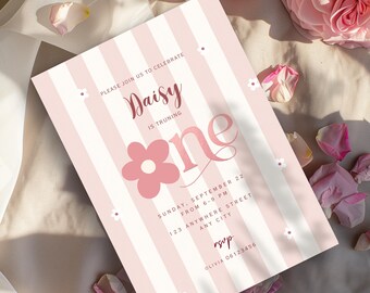 Girls First Birthday Invitation, Editable Pastel Coquette Daisy Invite, Pink Stripe Golden Foil Birthday Invitation Template
