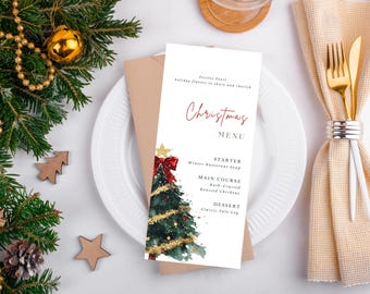 Christmas Dinner Menu Card Template, Printable Holiday Gathering Menu Card, Printable Menu Card, Christmas Tree Red Bow Table Decor, Canva