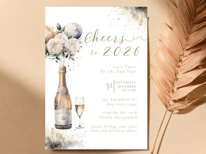 May include: New Year's Eve invitation with watercolor champagne bottle, champagne glass, and floral bouquet. The invitation reads "Cheers to 2026" with event details. The design features gold and neutral tones.