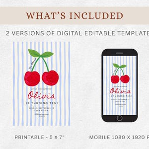 Pu&ograve; includere: Modello di invito digitale con design a ciliegia. Include due versioni: una scheda stampabile da 5 x 7 pollici e una versione mobile da 1080 x 1920 px. Il design presenta ciliegie rosse, foglie verdi e uno sfondo a righe blu.