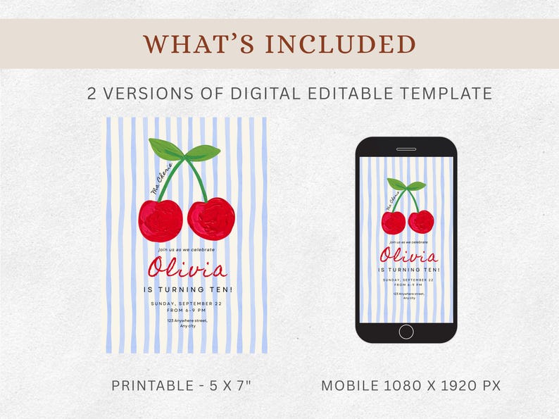 Pu&ograve; includere: Modello di invito digitale con design a ciliegia. Include due versioni: una scheda stampabile da 5 x 7 pollici e una versione mobile da 1080 x 1920 px. Il design presenta ciliegie rosse, foglie verdi e uno sfondo a righe blu.