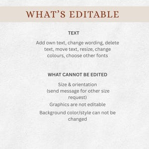 Pu&ograve; includere: Grafica beige con la scritta "WHAT'S EDITABLE". Descrive gli elementi modificabili: testo, formulazione, colori e caratteri. Non sono modificabili: dimensioni, orientamento, grafica e stile di sfondo.