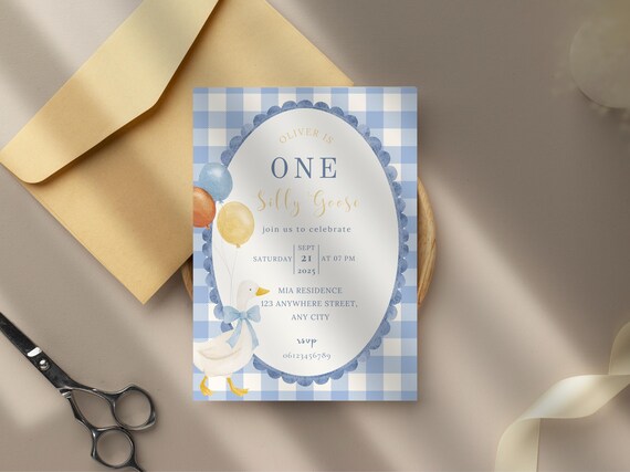One Silly Goose Birthday Invitation Template, Blue Vichy First Birthday Invite, Goose Theme Boy Birthday, Editable Digital Invitation