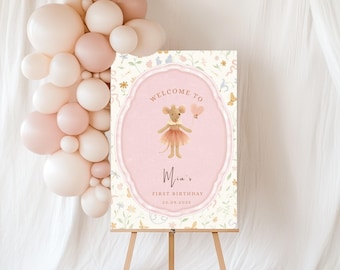 Plantilla de letrero de bienvenida para el cumpleaños de la Ratona Maileg, decoración temática de cumpleaños de la Ratona Maileg, letrero editable e imprimible para el primer cumpleaños de la Ratona Maileg.