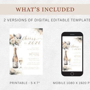 May include: Digital New Year's invitation template with a champagne bottle, champagne glass, and floral arrangement. The invitation is available in two versions: printable 5 x 7 inches and mobile 1080 x 1920 px.