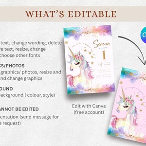 Puede incluir: Dos dise&ntilde;os de invitaci&oacute;n de cumplea&ntilde;os con un unicornio de acuarela con una corona floral. Las invitaciones muestran el nombre "Serena" y la edad del ni&ntilde;o. El texto "Edit with Canva" tambi&eacute;n es visible.