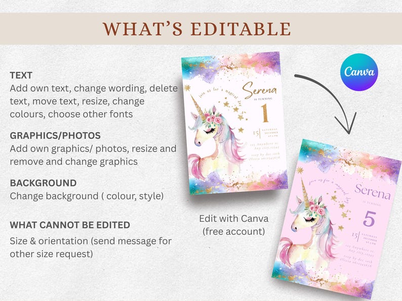 Puede incluir: Dos dise&ntilde;os de invitaci&oacute;n de cumplea&ntilde;os con un unicornio de acuarela con una corona floral. Las invitaciones muestran el nombre "Serena" y la edad del ni&ntilde;o. El texto "Edit with Canva" tambi&eacute;n es visible.