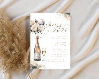 New Year's Eve Party Invitation Template, Gold Champagne New Year 2026 Celebration Card, Bohemian Boho NYE Party Invite, Canva Editable