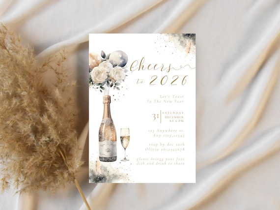 New Year's Eve Party Invitation Template, Gold Champagne New Year 2026 Celebration Card, Bohemian Boho NYE Party Invite, Canva Editable