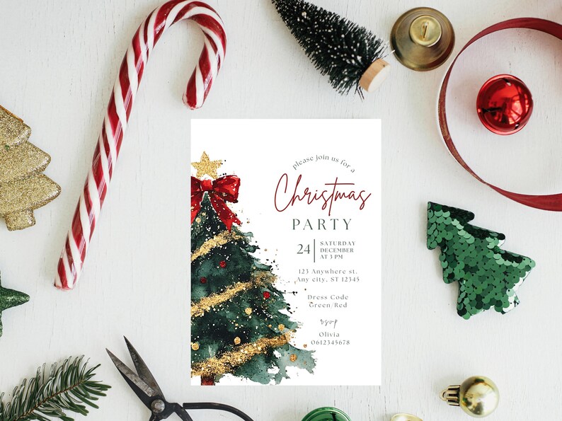 Plantilla de invitación para fiesta navideña, invitación editable para reuniones navideñas, plantilla imprimible para eventos navideños, descarga digital imagen 8