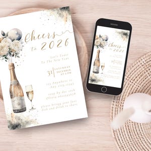 May include: New Year's Eve invitation with a champagne bottle, champagne glass, and floral arrangement. The invitation reads "Cheers to 2026" with event details. A smartphone displays the same design. The design is on a wooden plate.
