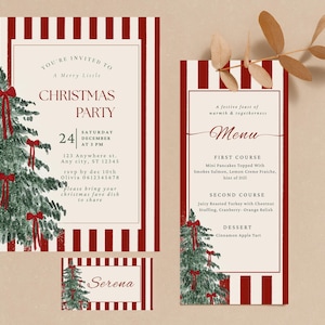 Op de afbeelding: Kerstfeest uitnodigingsset met een rood-witte gestreepte achtergrond. De uitnodiging bevat een kerstboomillustratie met rode strikken en de tekst "Christmas Party" met evenementdetails. Een menu en een naamkaartje zijn ook inbegrepen.
