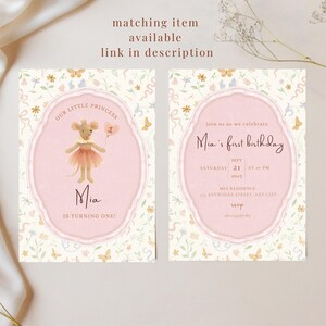 May include: Two pink birthday invitations with floral and butterfly accents. One features a mouse illustration and the text "Our Little Princess Mia is Turning One!" The other says "Mia's first birthday."