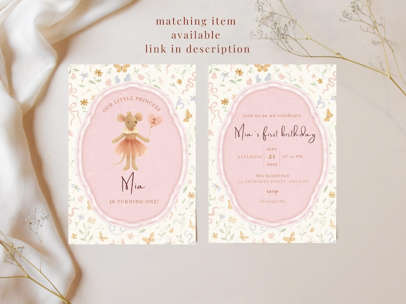 May include: Two pink birthday invitations with floral and butterfly accents. One features a mouse illustration and the text "Our Little Princess Mia is Turning One!" The other says "Mia's first birthday."