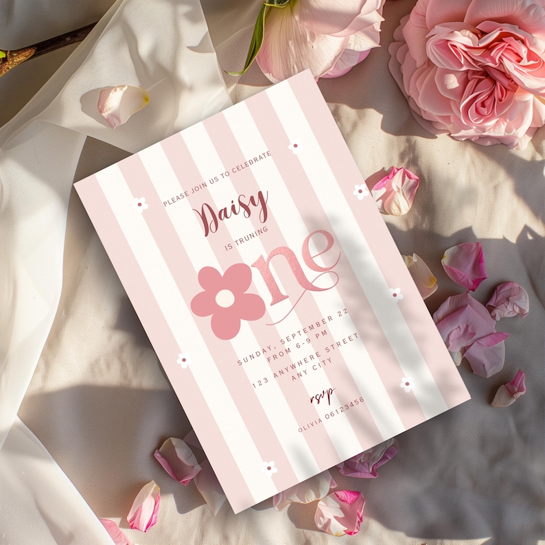 Girls First Birthday Invitation, Editable Pastel Coquette Daisy Invite, Pink Stripe Golden Foil Birthday Invitation Template