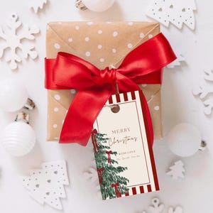 May include: A wrapped gift with a red satin bow and a decorative tag that reads "Merry Christmas." The gift is wrapped in brown paper with white polka dots. White snowflake and ornament decorations surround the gift.