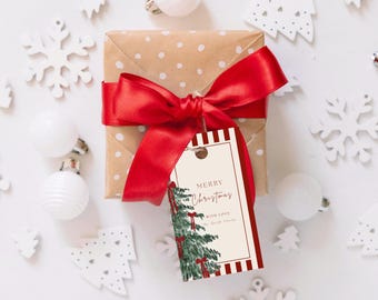 Red Elegant Christmas Gift Tag, Red Merry Christmas Gift Tag, Elegant Holiday Thank You Tag, Printable 2x3.5 inch Gift Tag