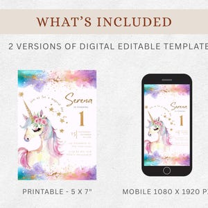 Puede incluir: Plantilla digital editable para una fiesta de primer cumplea&ntilde;os, con un dise&ntilde;o de unicornio en acuarela. Incluye una versi&oacute;n imprimible de 5x7 pulgadas y una versi&oacute;n m&oacute;vil de 1080 x 1920 px. El dise&ntilde;o tiene una paleta de colores pastel con detalles dorados.