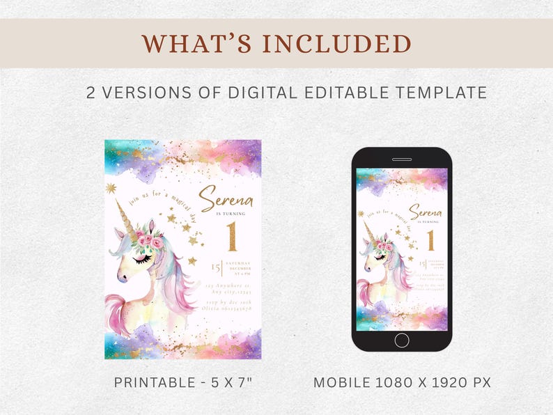 Puede incluir: Plantilla digital editable para una fiesta de primer cumplea&ntilde;os, con un dise&ntilde;o de unicornio en acuarela. Incluye una versi&oacute;n imprimible de 5x7 pulgadas y una versi&oacute;n m&oacute;vil de 1080 x 1920 px. El dise&ntilde;o tiene una paleta de colores pastel con detalles dorados.