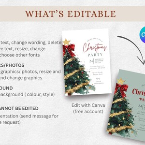 Puede incluir: Dise&ntilde;o de invitaci&oacute;n a una fiesta de Navidad con un &aacute;rbol de Navidad en acuarela, lazo rojo y detalles dorados. La invitaci&oacute;n incluye campos de texto editables para los detalles del evento. El dise&ntilde;o se puede editar con Canva.