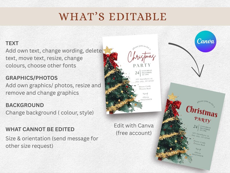 Puede incluir: Dise&ntilde;o de invitaci&oacute;n a una fiesta de Navidad con un &aacute;rbol de Navidad en acuarela, lazo rojo y detalles dorados. La invitaci&oacute;n incluye campos de texto editables para los detalles del evento. El dise&ntilde;o se puede editar con Canva.
