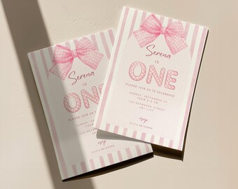 Bow First Birthday Invitation, Editable Pink Coquette 1st Birthday Invite, Girls Birthday Template, 5x7" Printable Digital Download