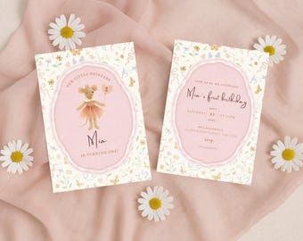 Maileg Mouse Inspired Birthday Invitation | Little Princess First Birthday Invite | Editable Canva Template | Printable & Digital Download