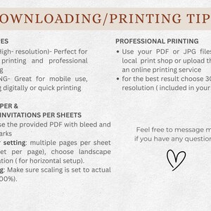 Pu&ograve; includere: Documento beige con testo marrone che fornisce suggerimenti per il download e la stampa. Il testo include tipi di file, consigli per la stampa professionale e istruzioni per il risparmio di carta. Un simbolo a forma di cuore &egrave; in basso.