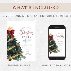 Puede incluir: Plantilla digital de invitaci&oacute;n a fiesta navide&ntilde;a, con un &aacute;rbol de Navidad en acuarela con lazo rojo y detalles dorados. Incluye una versi&oacute;n imprimible y una versi&oacute;n optimizada para m&oacute;viles.