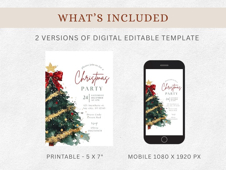 Puede incluir: Plantilla digital de invitaci&oacute;n a fiesta navide&ntilde;a, con un &aacute;rbol de Navidad en acuarela con lazo rojo y detalles dorados. Incluye una versi&oacute;n imprimible y una versi&oacute;n optimizada para m&oacute;viles.