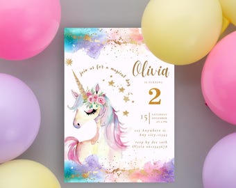 Unicorn Birthday Invitation, Magical Day Gold Rainbow Invite, Girls Birthday, Unicorn 2nd Birthday, Princess Girls Birthday Fairytale
