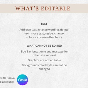 May include: A beige graphic with the text "WHAT'S EDITABLE" at the top. The text below details what can and cannot be edited, including text, colors, and fonts. A Canva logo is at the bottom.