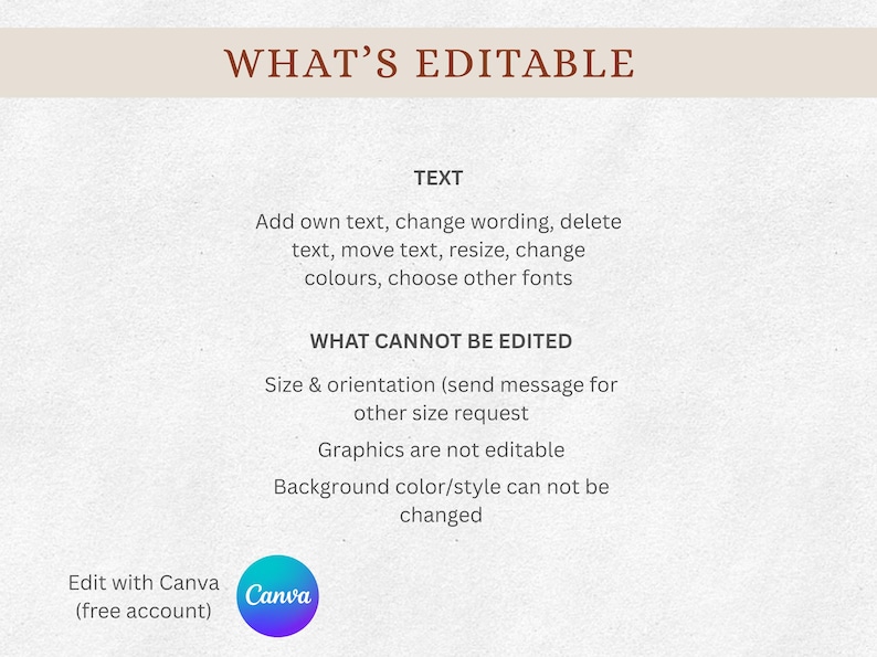 May include: A beige graphic with the text "WHAT'S EDITABLE" at the top. The text below details what can and cannot be edited, including text, colors, and fonts. A Canva logo is at the bottom.