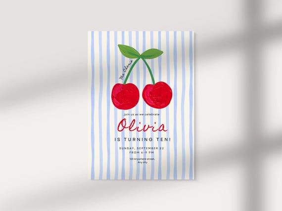 Cherry Birthday Invitation Template, Berry First Birthday Invite, Mon Cheri Birthday Invitation, Cherry On Top Unisex Birthday Invitation