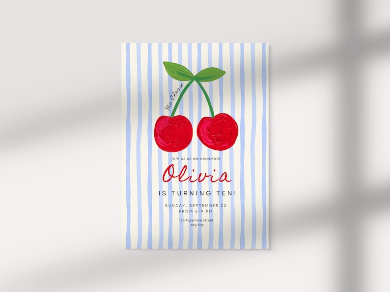 Cherry Birthday Invitation Template, Berry First Birthday Invite, Mon Cheri Birthday Invitation, Cherry On Top Unisex Birthday Invitation