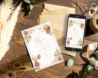 Maileg Mouse Birthday Invitation, Bohemian Floral Party Invite, Editable Canva Template, Digital Download, Little Mouse rustic invitation
