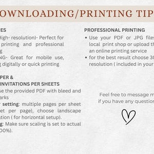 Puede incluir: Gr&aacute;fico beige con texto que proporciona consejos de descarga e impresi&oacute;n para archivos digitales. Las instrucciones incluyen tipos de archivos, ahorro de papel y consejos de impresi&oacute;n profesional. Un s&iacute;mbolo en forma de coraz&oacute;n est&aacute; en la parte inferior.