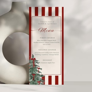 Plantilla de menú navideño imprimible, plantilla editable de Canva de 10 x 23 cm, decoración navideña con lazo rojo