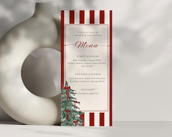Christmas Dinner Menu Card Template, Printable Festive Holiday Menu Card, 4x9" Editable Canva Template, Red Bow Christmas Table Decor