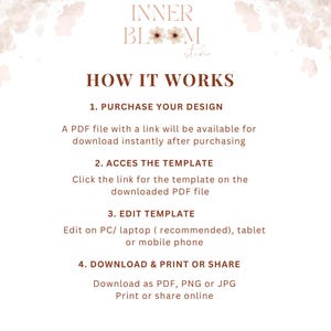 Może przedstawiać: Beżowa grafika z tekstem "INNER BLOOM Studio" i "HOW IT WORKS". Kroki obejmują zakup projektu, dostęp do szablonu, edycję szablonu oraz pobieranie i udostępnianie jako PDF, PNG lub JPG.