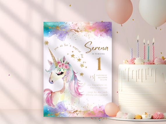 Unicorn Birthday Invitation, Magical Gold Glitters Rainbow Invite, Sparkle Design, Unicorn First Birthday, Princess Girls Birthday Fairytale