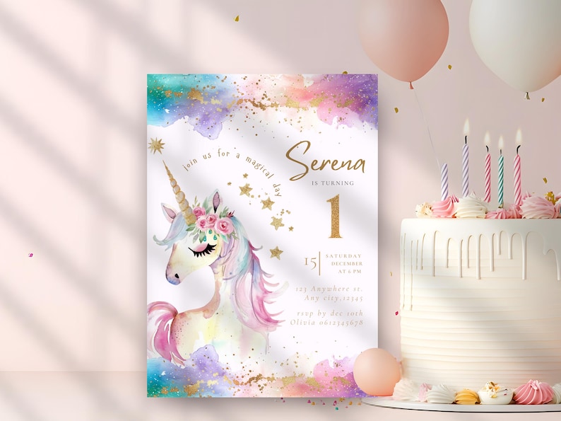 Unicorn Birthday Invitation, Magical Gold Glitters Rainbow Invite, Sparkle Design, Unicorn First Birthday, Princess Girls Birthday Fairytale