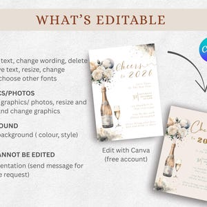 May include: New Year's Eve invitation design with champagne bottle, flowers, and the text "Cheers to 2026". The design includes editable text, graphics, and background options. Edit with Canva.