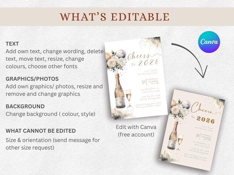 May include: New Year's Eve invitation design with champagne bottle, flowers, and the text "Cheers to 2026". The design includes editable text, graphics, and background options. Edit with Canva.
