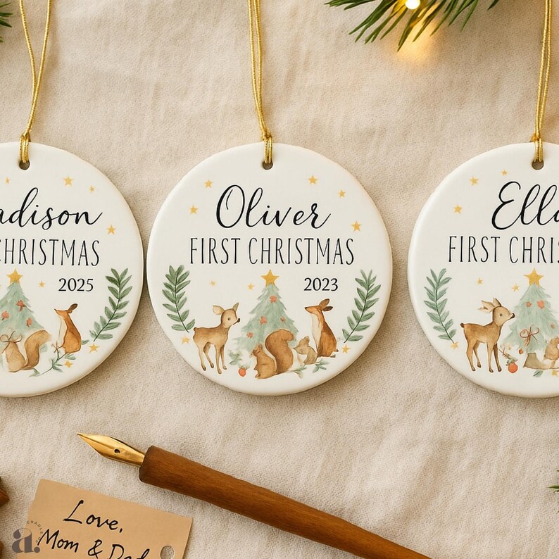 Op de afbeelding: Drie witte keramische kerstversieringen met gouden ophangkoorden. Elk ornament heeft een naam, de tekst "FIRST CHRISTMAS" en het jaar. De ornamenten hebben illustraties van bosdieren en kerstbomen.