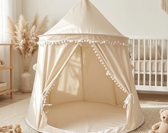 Boho Kids Play Tent Cream Canvas Toddler Teepee Montessori Reading Nook for Nursery Neutral Baby Playroom Decor 1st Birthday Gift