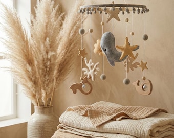 Wal Wal Mobile Neutral Baby Mobile Ozean Kinderzimmer Dekor Filz Holz Mobile Küste Kinderzimmer Geschenk Gender Neutral Baby Shower Geschenk