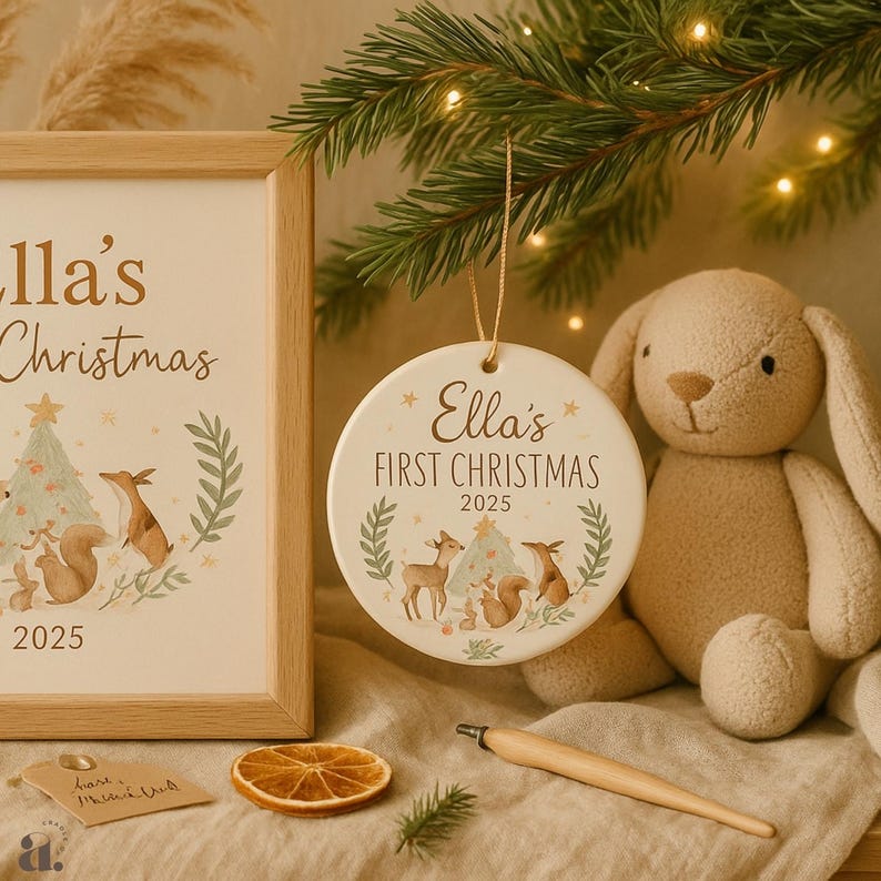 Op de afbeelding: Een keramische kerstversiering en een ingelijste print met de tekst "Ella's First Christmas 2025". De versiering en print tonen illustraties van bosdieren. Een pluchen konijn en een pen zijn ook zichtbaar.