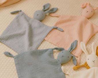 Soft Bunny Lovey | Organic Muslin Baby Comforter | Neutral Security Blanket | Baby Shower Gift | Cradle Toy for Newborn & Toddler