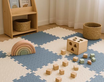 Boho-speelmat voor baby's | Zachte vloertegels van EVA-schuim | Niet-giftige in elkaar grijpende mat voor kinderkamer, speelkamer, buikligging | Blauw-crème babymat